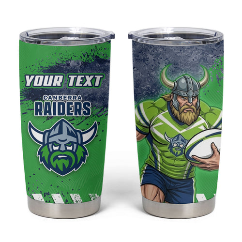 Personalised Canberra Raiders Rugby Tumbler Cup Viking Green Machine Mascot - Sporty Splash Art Style