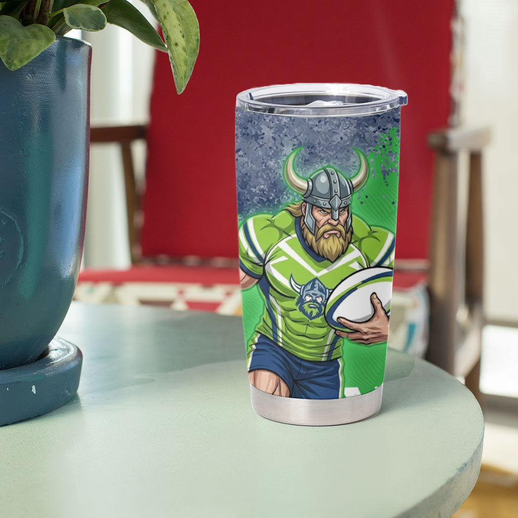 Personalised Canberra Raiders Rugby Tumbler Cup Viking Green Machine Mascot - Sporty Splash Art Style