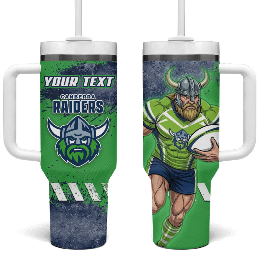 Personalised Canberra Raiders Rugby Tumbler With Handle Viking Green Machine Mascot - Sporty Splash Art Style