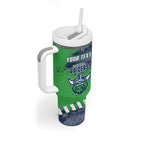 Personalised Canberra Raiders Rugby Tumbler With Handle Viking Green Machine Mascot - Sporty Splash Art Style