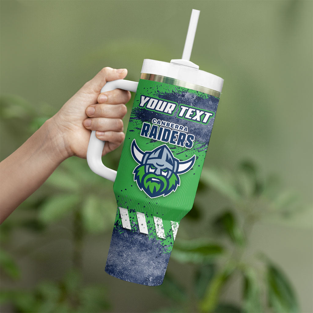 Personalised Canberra Raiders Rugby Tumbler With Handle Viking Green Machine Mascot - Sporty Splash Art Style