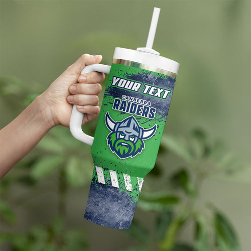 Personalised Canberra Raiders Rugby Tumbler With Handle Viking Green Machine Mascot - Sporty Splash Art Style