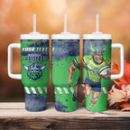 Personalised Canberra Raiders Rugby Tumbler With Handle Viking Green Machine Mascot - Sporty Splash Art Style