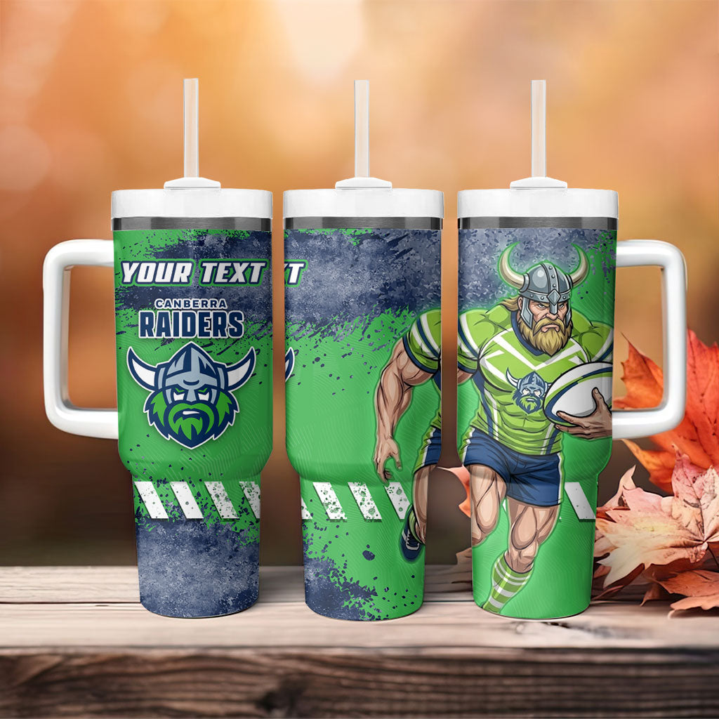 Personalised Canberra Raiders Rugby Tumbler With Handle Viking Green Machine Mascot - Sporty Splash Art Style