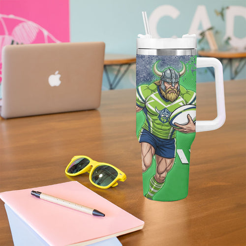 Personalised Canberra Raiders Rugby Tumbler With Handle Viking Green Machine Mascot - Sporty Splash Art Style