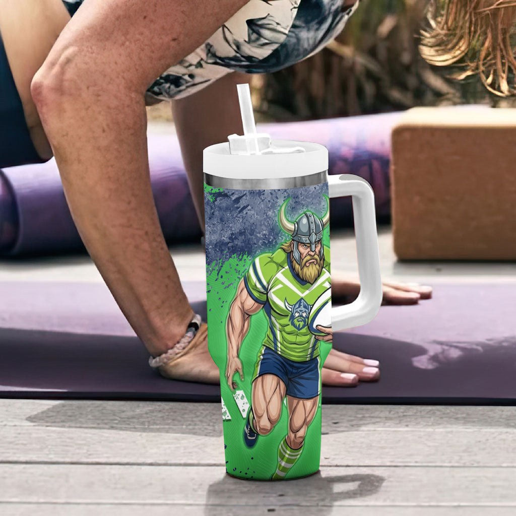 Personalised Canberra Raiders Rugby Tumbler With Handle Viking Green Machine Mascot - Sporty Splash Art Style