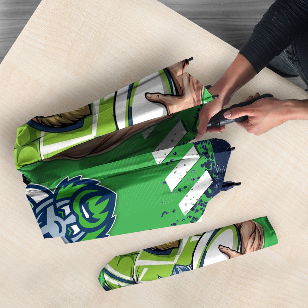 Personalised Canberra Raiders Rugby Umbrella Viking Green Machine Mascot - Sporty Splash Art Style