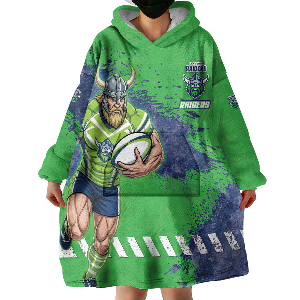 Personalised Canberra Raiders Rugby Wearable Blanket Hoodie Viking Green Machine Mascot - Sporty Splash Art Style