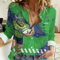 Personalised Canberra Raiders Rugby Women Casual Shirt Viking Green Machine Mascot - Sporty Splash Art Style
