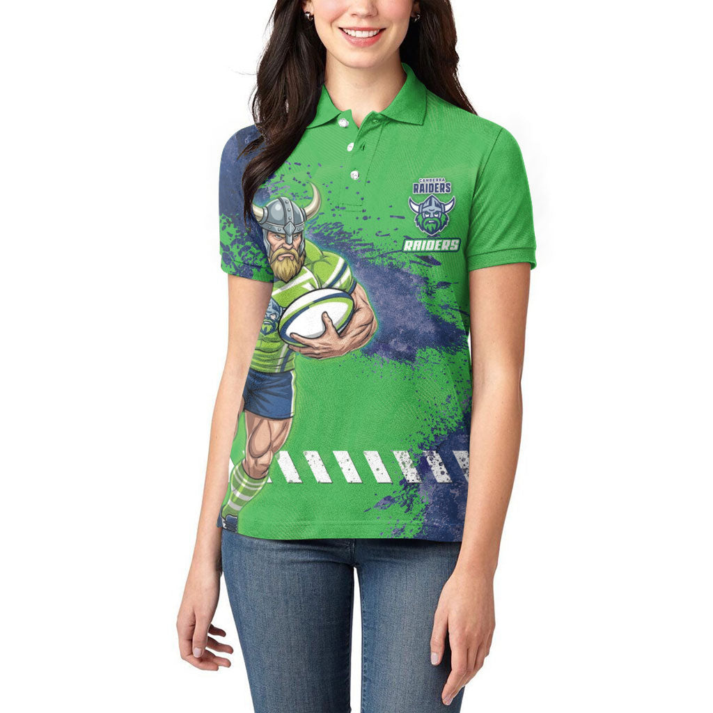 Personalised Canberra Raiders Rugby Women Polo Shirt Viking Green Machine Mascot - Sporty Splash Art Style
