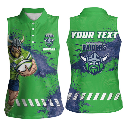 Personalised Canberra Raiders Rugby Women Sleeveless Polo Shirt Viking Green Machine Mascot - Sporty Splash Art Style