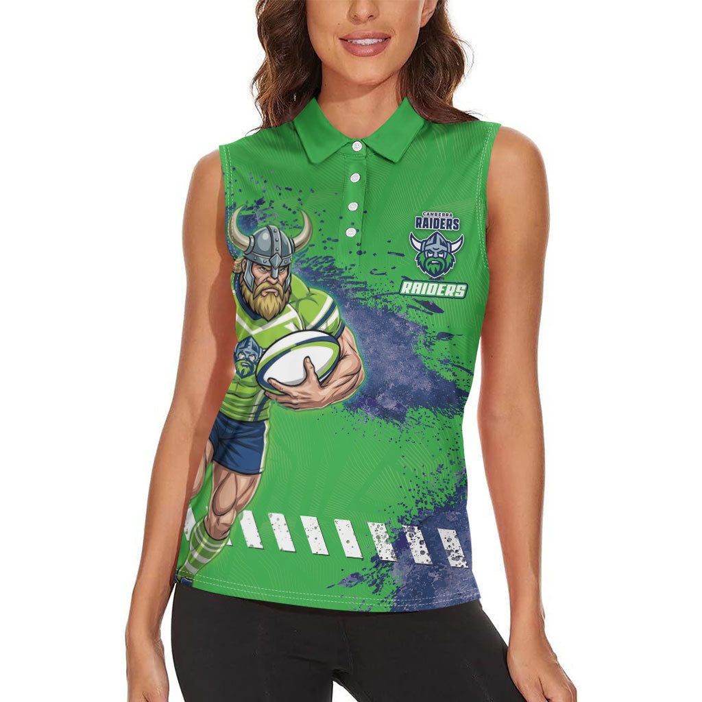 Personalised Canberra Raiders Rugby Women Sleeveless Polo Shirt Viking Green Machine Mascot - Sporty Splash Art Style