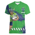 Personalised Canberra Raiders Rugby Women V-Neck T-Shirt Viking Green Machine Mascot - Sporty Splash Art Style