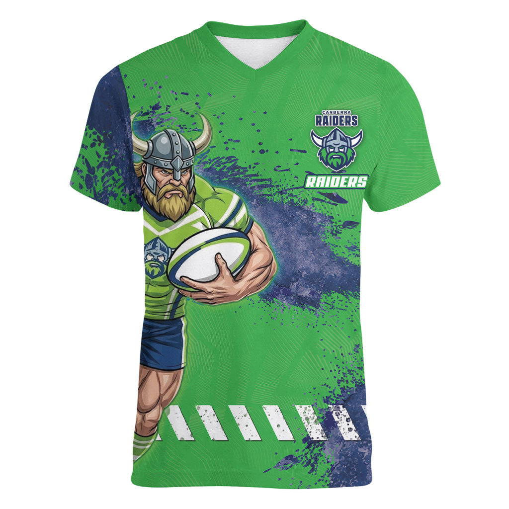 Personalised Canberra Raiders Rugby Women V-Neck T-Shirt Viking Green Machine Mascot - Sporty Splash Art Style