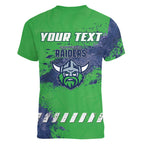 Personalised Canberra Raiders Rugby Women V-Neck T-Shirt Viking Green Machine Mascot - Sporty Splash Art Style