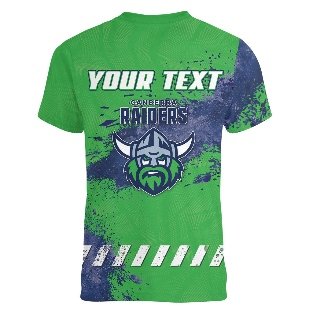 Personalised Canberra Raiders Rugby Women V-Neck T-Shirt Viking Green Machine Mascot - Sporty Splash Art Style
