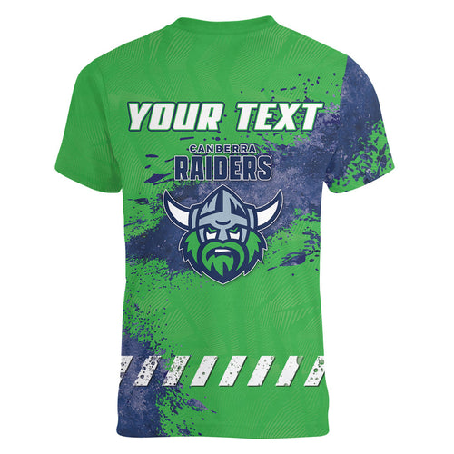 Personalised Canberra Raiders Rugby Women V-Neck T-Shirt Viking Green Machine Mascot - Sporty Splash Art Style
