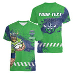 Personalised Canberra Raiders Rugby Women V-Neck T-Shirt Viking Green Machine Mascot - Sporty Splash Art Style