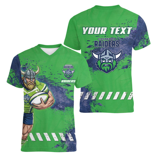 Personalised Canberra Raiders Rugby Women V-Neck T-Shirt Viking Green Machine Mascot - Sporty Splash Art Style
