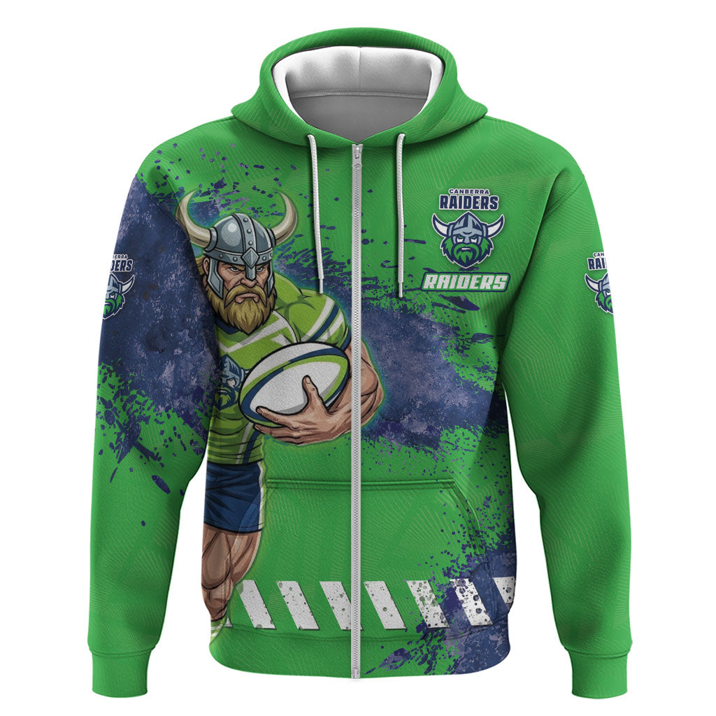 Personalised Canberra Raiders Rugby Zip Hoodie Viking Green Machine Mascot - Sporty Splash Art Style