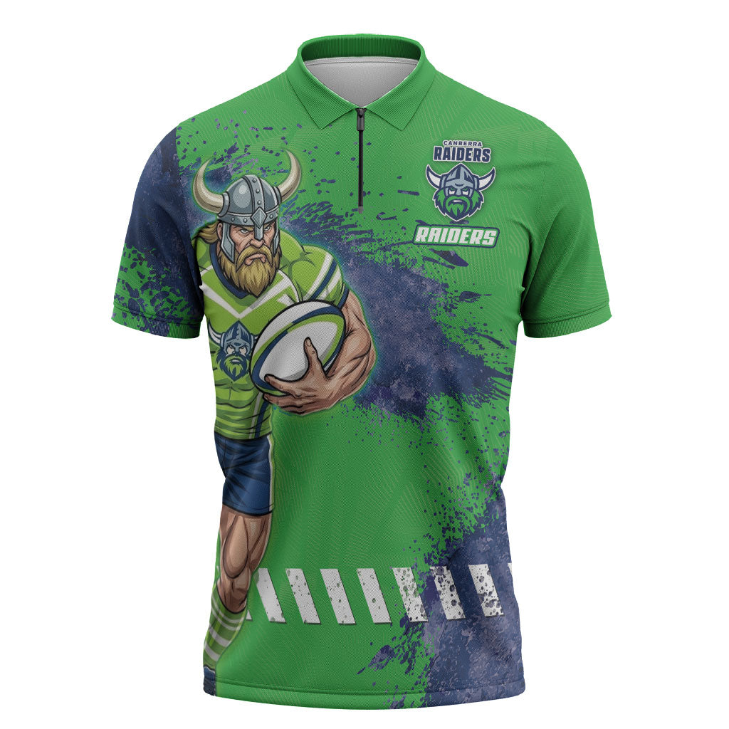 Personalised Canberra Raiders Rugby Zipper Polo Shirt Viking Green Machine Mascot - Sporty Splash Art Style