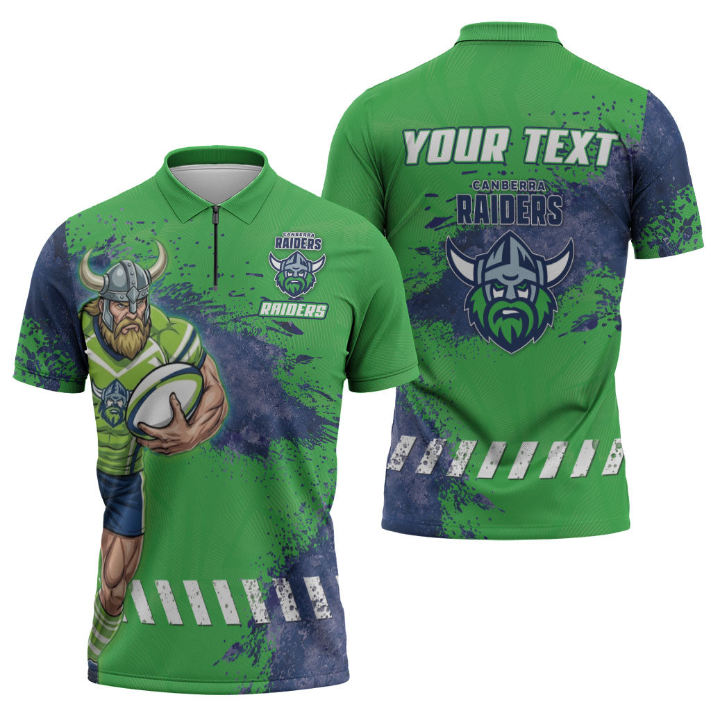 Personalised Canberra Raiders Rugby Zipper Polo Shirt Viking Green Machine Mascot - Sporty Splash Art Style