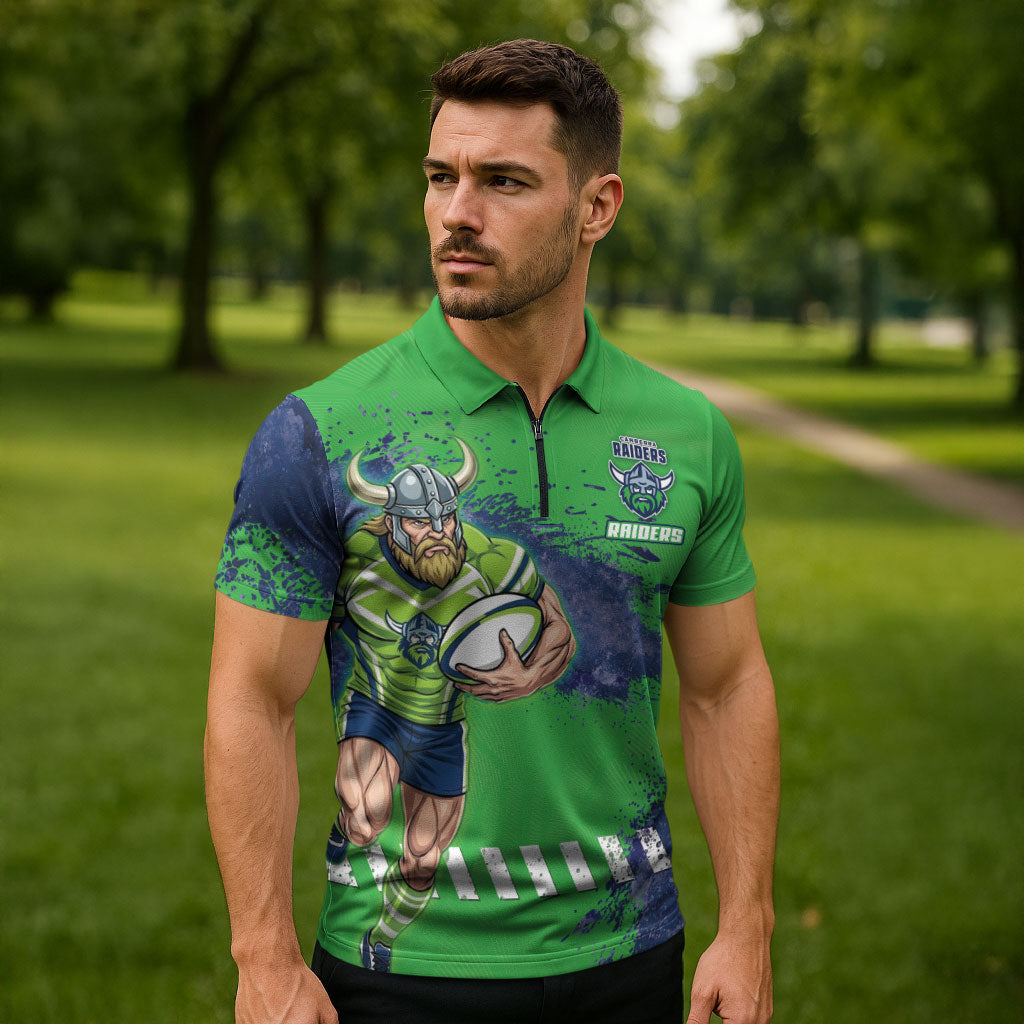 Personalised Canberra Raiders Rugby Zipper Polo Shirt Viking Green Machine Mascot - Sporty Splash Art Style
