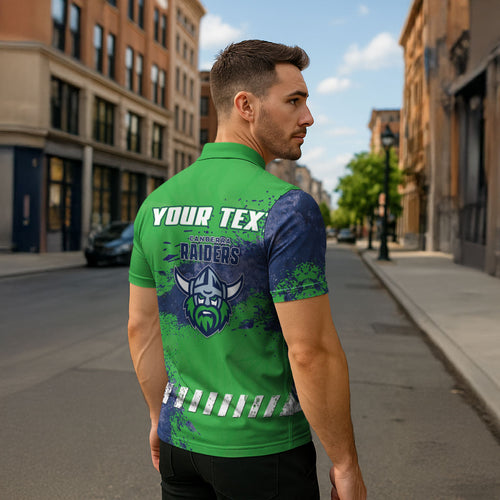Personalised Canberra Raiders Rugby Zipper Polo Shirt Viking Green Machine Mascot - Sporty Splash Art Style