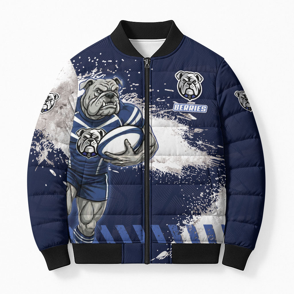 Personalised Canterbury-Bankstown Bulldogs Rugby Bomber Puffer Jacket Berries Mascot - Sporty Splash Art Style