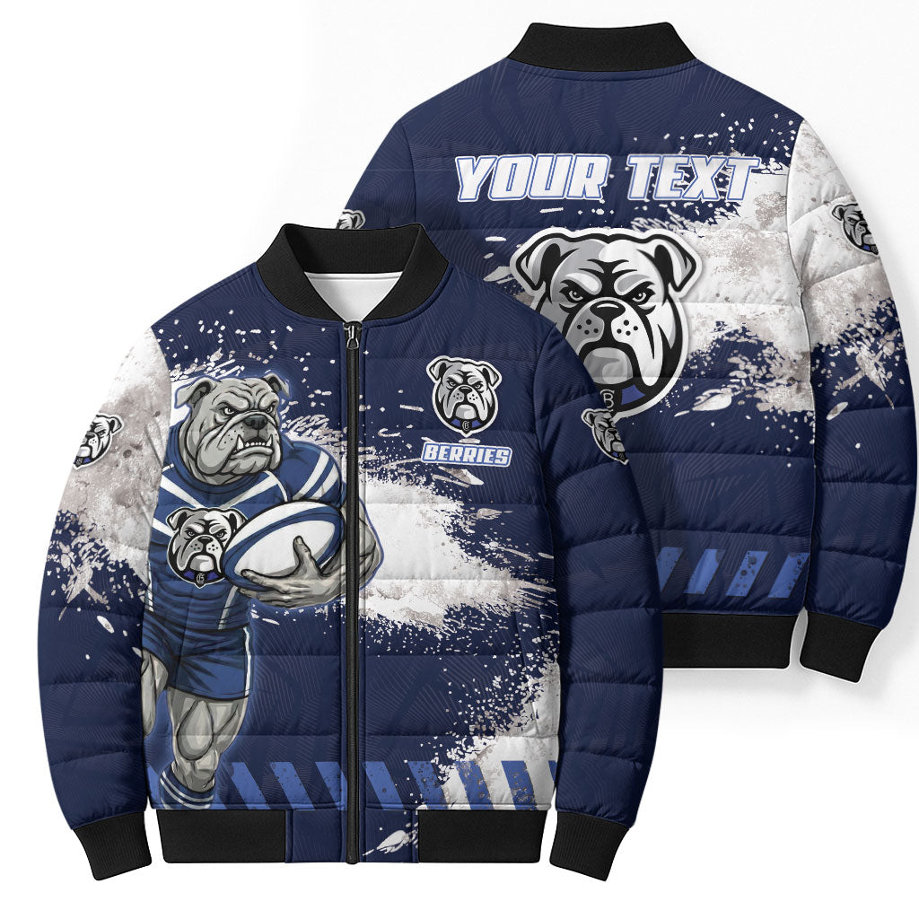 Personalised Canterbury-Bankstown Bulldogs Rugby Bomber Puffer Jacket Berries Mascot - Sporty Splash Art Style