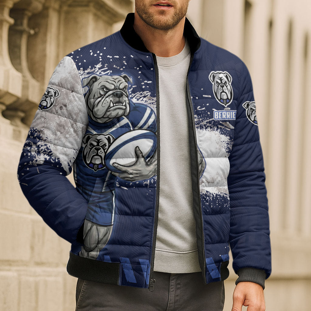 Personalised Canterbury-Bankstown Bulldogs Rugby Bomber Puffer Jacket Berries Mascot - Sporty Splash Art Style