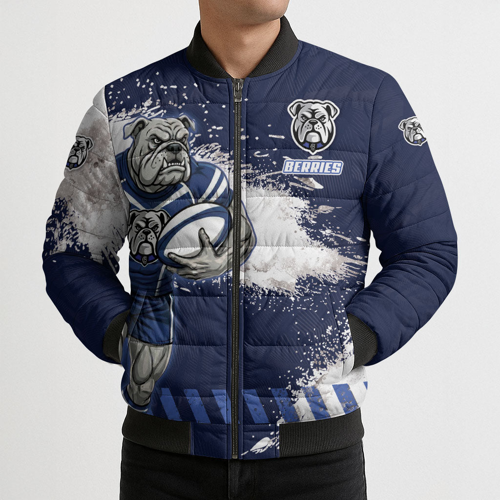 Personalised Canterbury-Bankstown Bulldogs Rugby Bomber Puffer Jacket Berries Mascot - Sporty Splash Art Style