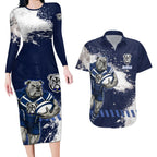Personalised Canterbury-Bankstown Bulldogs Rugby Couples Matching Long Sleeve Bodycon Dress and Hawaiian Shirt Berries Mascot - Sporty Splash Art Style