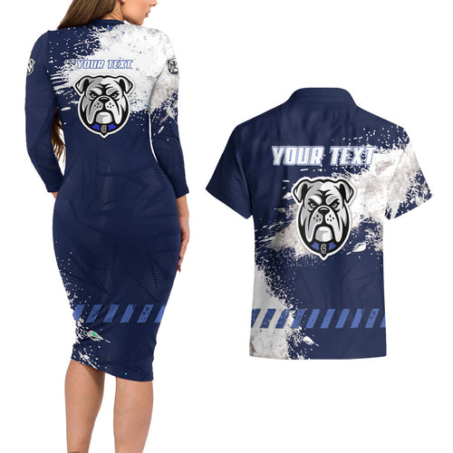 Personalised Canterbury-Bankstown Bulldogs Rugby Couples Matching Long Sleeve Bodycon Dress and Hawaiian Shirt Berries Mascot - Sporty Splash Art Style