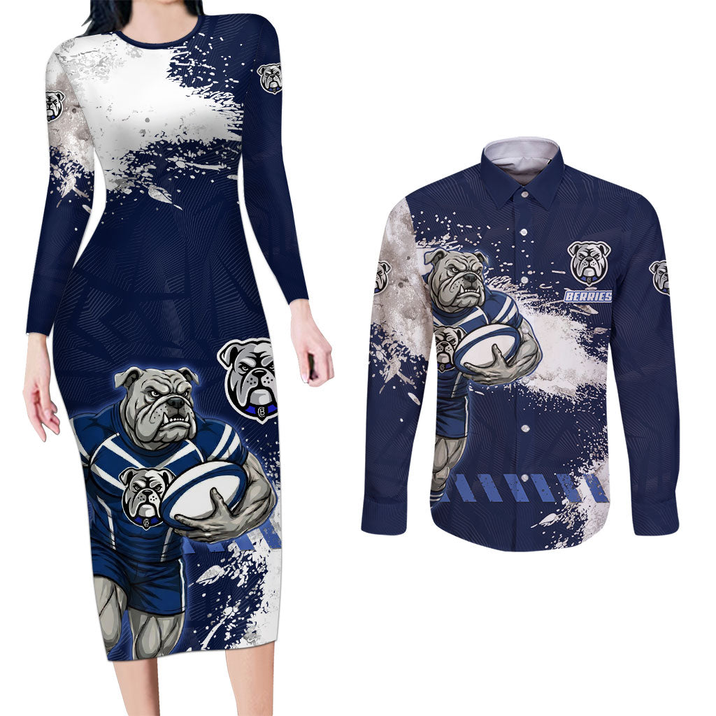 Personalised Canterbury-Bankstown Bulldogs Rugby Couples Matching Long Sleeve Bodycon Dress and Long Sleeve Button Shirt Berries Mascot - Sporty Splash Art Style