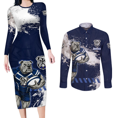 Personalised Canterbury-Bankstown Bulldogs Rugby Couples Matching Long Sleeve Bodycon Dress and Long Sleeve Button Shirt Berries Mascot - Sporty Splash Art Style
