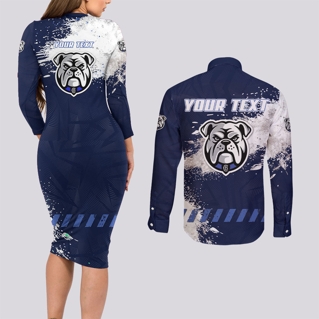 Personalised Canterbury-Bankstown Bulldogs Rugby Couples Matching Long Sleeve Bodycon Dress and Long Sleeve Button Shirt Berries Mascot - Sporty Splash Art Style