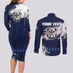 Personalised Canterbury-Bankstown Bulldogs Rugby Couples Matching Long Sleeve Bodycon Dress and Long Sleeve Button Shirt Berries Mascot - Sporty Splash Art Style