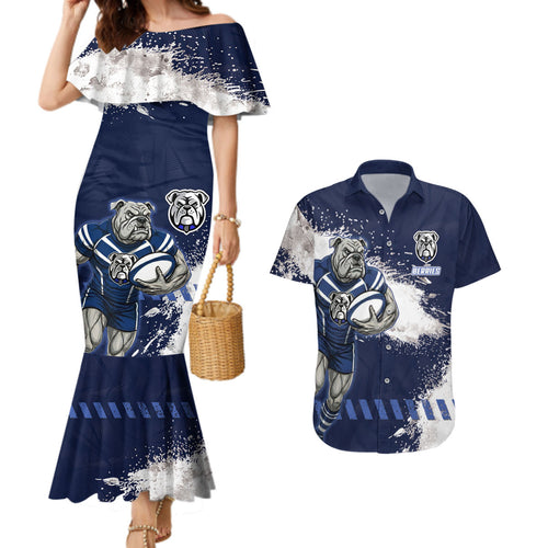 Personalised Canterbury-Bankstown Bulldogs Rugby Couples Matching Mermaid Dress and Hawaiian Shirt Berries Mascot - Sporty Splash Art Style