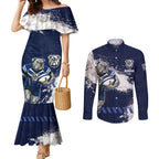 Personalised Canterbury-Bankstown Bulldogs Rugby Couples Matching Mermaid Dress and Long Sleeve Button Shirt Berries Mascot - Sporty Splash Art Style