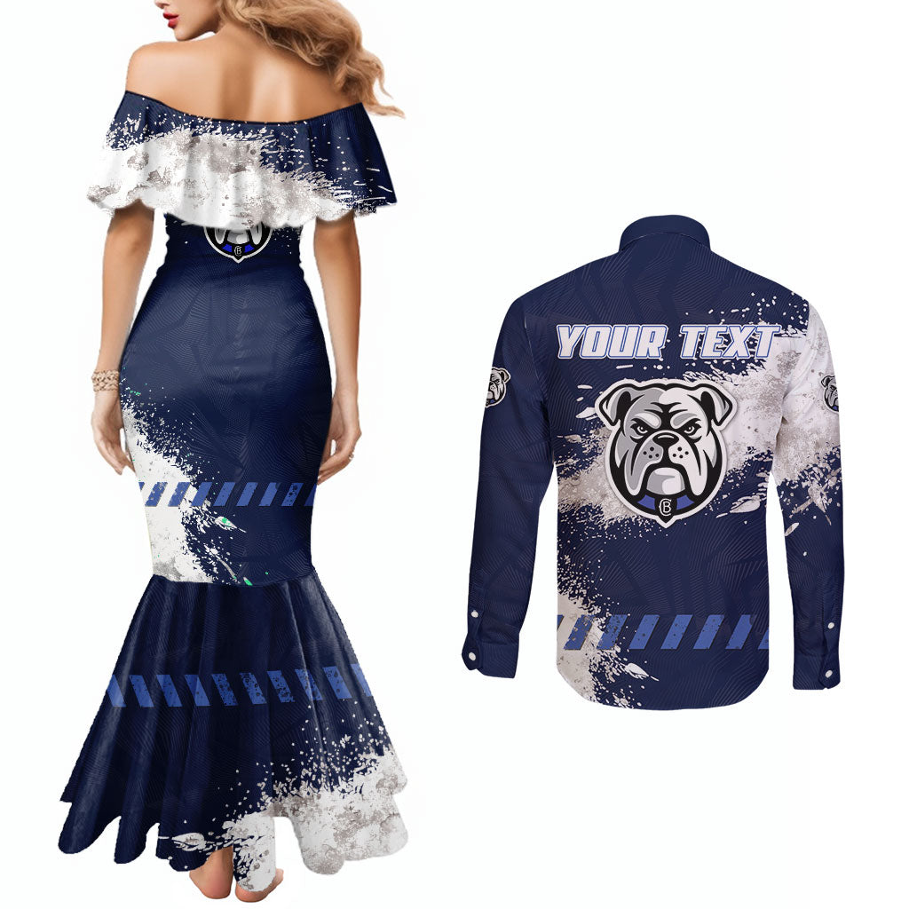 Personalised Canterbury-Bankstown Bulldogs Rugby Couples Matching Mermaid Dress and Long Sleeve Button Shirt Berries Mascot - Sporty Splash Art Style