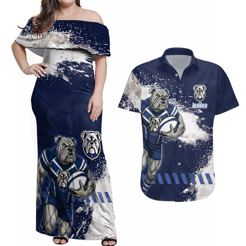 Personalised Canterbury-Bankstown Bulldogs Rugby Couples Matching Off Shoulder Maxi Dress and Hawaiian Shirt Berries Mascot - Sporty Splash Art Style