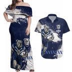 Personalised Canterbury-Bankstown Bulldogs Rugby Couples Matching Off Shoulder Maxi Dress and Hawaiian Shirt Berries Mascot - Sporty Splash Art Style