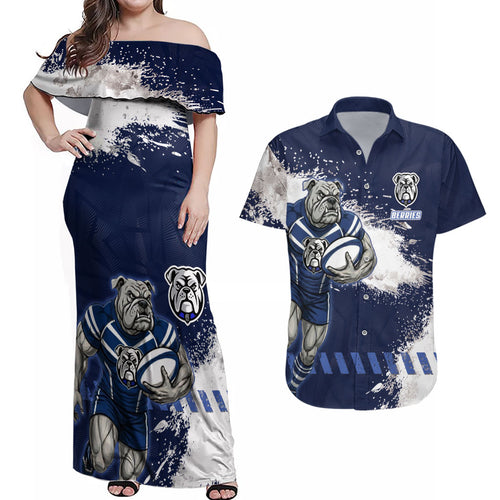 Personalised Canterbury-Bankstown Bulldogs Rugby Couples Matching Off Shoulder Maxi Dress and Hawaiian Shirt Berries Mascot - Sporty Splash Art Style