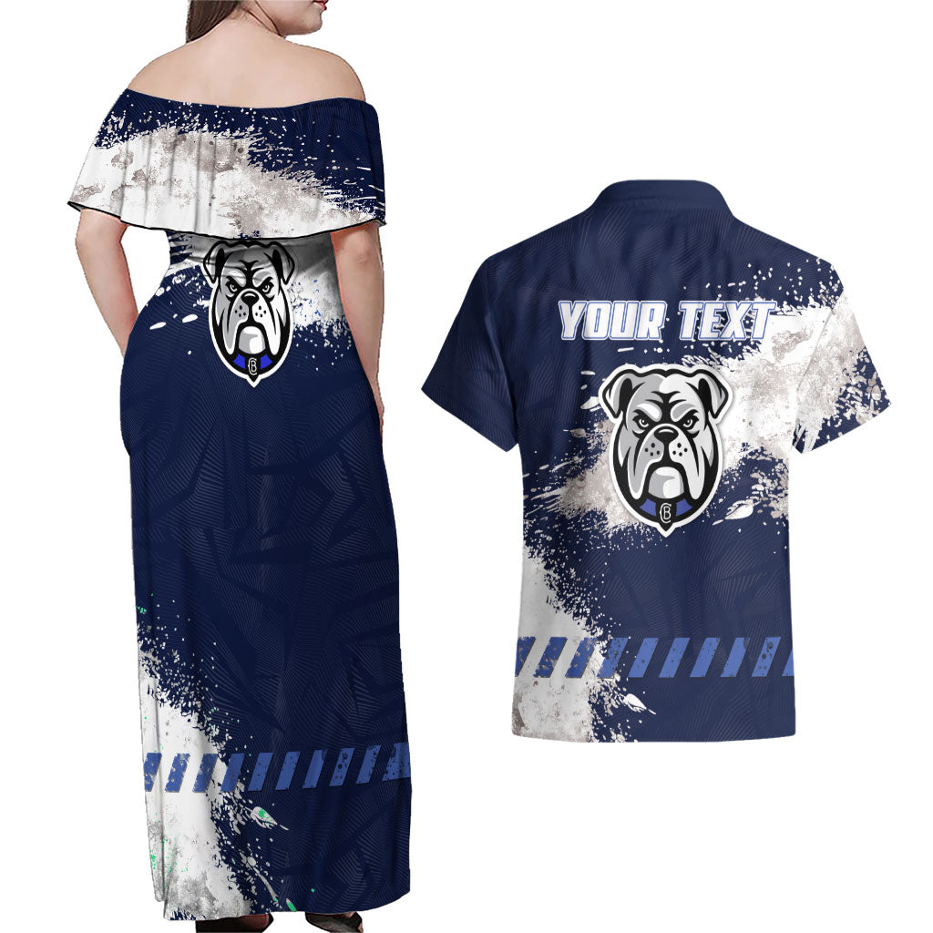 Personalised Canterbury-Bankstown Bulldogs Rugby Couples Matching Off Shoulder Maxi Dress and Hawaiian Shirt Berries Mascot - Sporty Splash Art Style