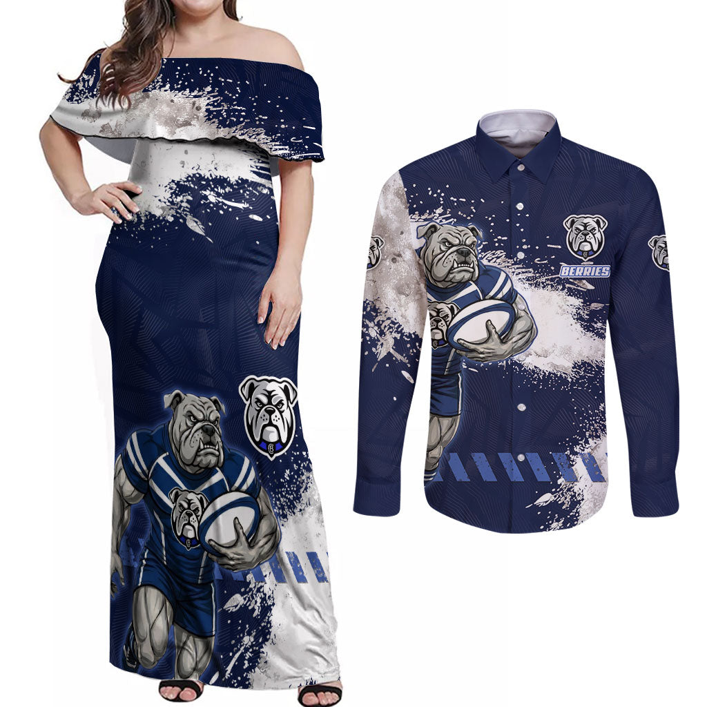 Personalised Canterbury-Bankstown Bulldogs Rugby Couples Matching Off Shoulder Maxi Dress and Long Sleeve Button Shirt Berries Mascot - Sporty Splash Art Style