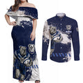 Personalised Canterbury-Bankstown Bulldogs Rugby Couples Matching Off Shoulder Maxi Dress and Long Sleeve Button Shirt Berries Mascot - Sporty Splash Art Style