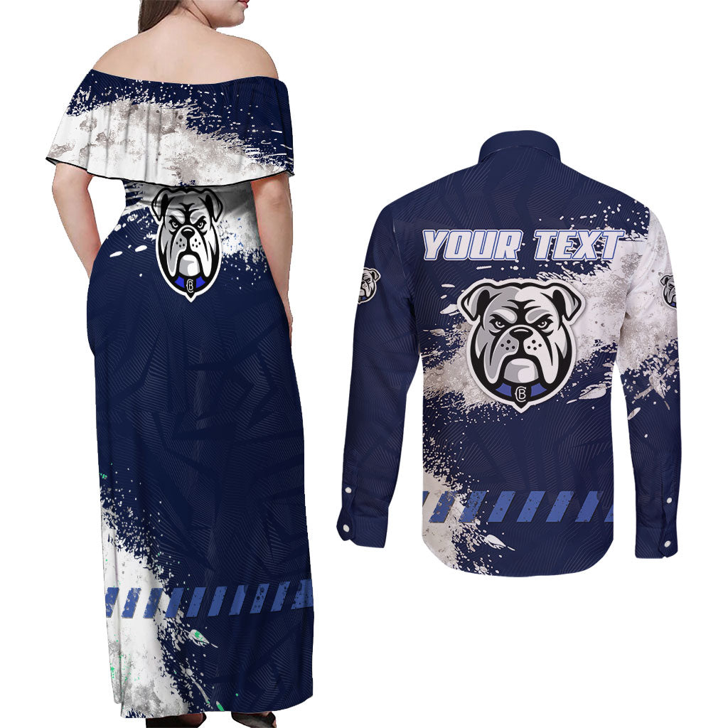 Personalised Canterbury-Bankstown Bulldogs Rugby Couples Matching Off Shoulder Maxi Dress and Long Sleeve Button Shirt Berries Mascot - Sporty Splash Art Style