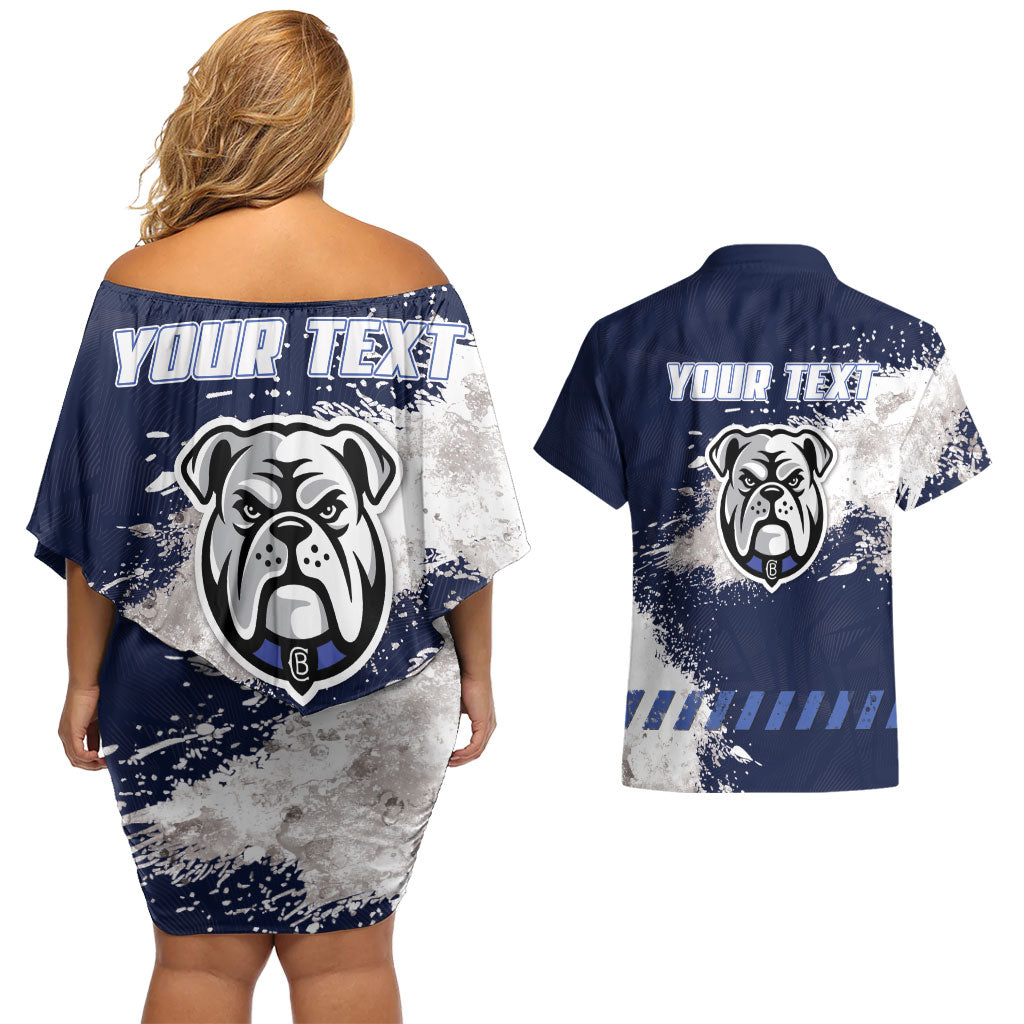 Personalised Canterbury-Bankstown Bulldogs Rugby Couples Matching Off Shoulder Short Dress and Hawaiian Shirt Berries Mascot - Sporty Splash Art Style