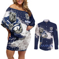 Personalised Canterbury-Bankstown Bulldogs Rugby Couples Matching Off Shoulder Short Dress and Long Sleeve Button Shirt Berries Mascot - Sporty Splash Art Style